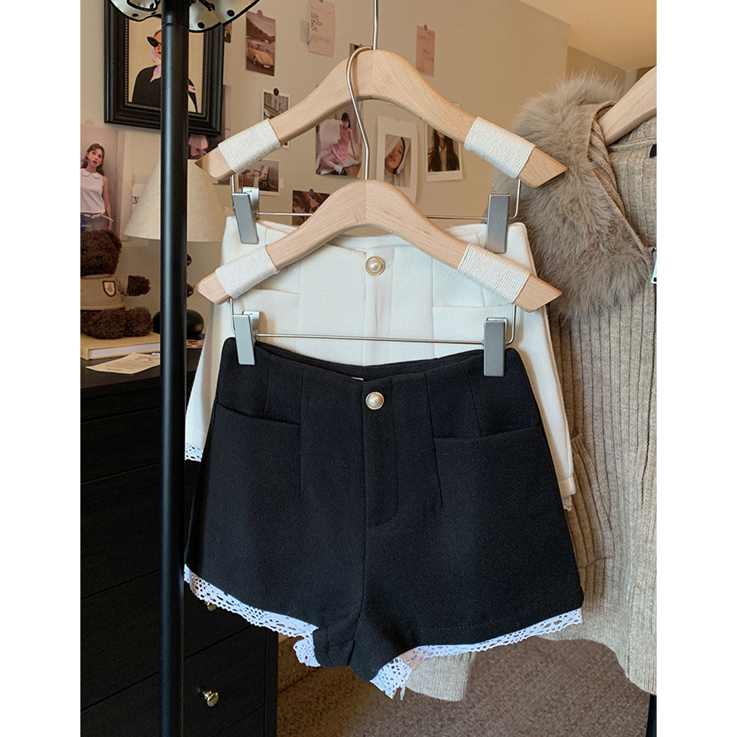 富家千金小香风毛呢a字短裤女秋冬外穿高腰显瘦蕾丝阔腿休闲裤子