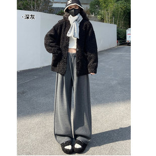 气质设计感抽绳宽松显瘦慵懒阔腿休闲裤 灰色加绒羊绒弯刀裤 女冬季
