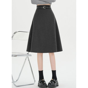 灰色气质毛呢半身裙女秋冬季 小个子高腰遮胯显瘦a字伞裙五分中裙