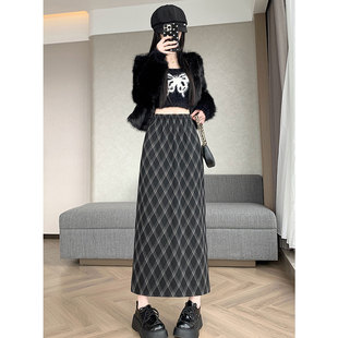 韩系复古加绒格子半身裙加厚高腰显瘦松紧腰中长款 垂感显瘦直筒裙