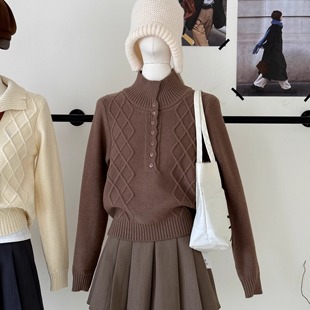 针织衫 短款 上衣 绵羊毛绞花POLO领毛衣女秋冬复古气质修身 留学生