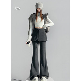 遮臀屁帘喇叭裤 女秋冬高腰显瘦假两件卫裤 子加厚羊绒微喇裤 白色裤