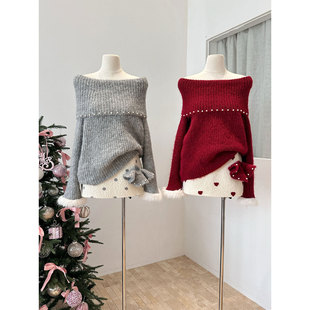 上衣 饰毛衣女宽松露肩套头针织衫 红色新年氛围感法式 一字肩珍珠装