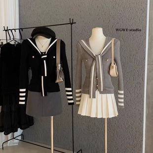 气质减龄毛衣打底衫 女早秋冬修身 条纹针织衫 学院风海军领撞色长袖