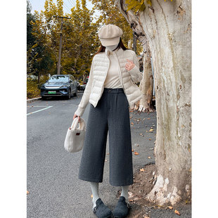 韩系高级灰色毛呢阔腿裤 女秋冬加厚小个子宽松直筒八分休闲奶奶裤