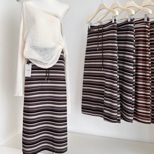 条纹针织半身裙女 时髦洋气松紧腰系带直筒巨好看 2025秋季 新款
