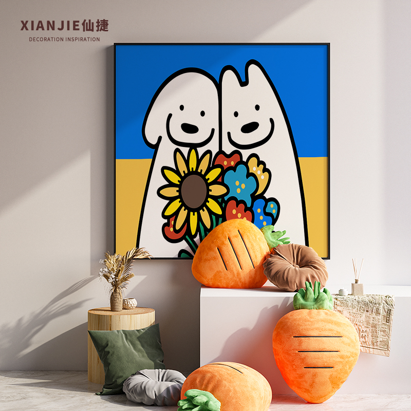 现代客厅玄关挂画蓝色儿童房卡通小狗背景墙卧室装饰画方形壁画图片