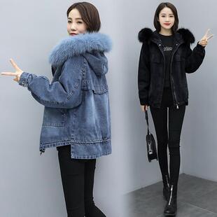 连帽牛仔外套女加绒加厚秋冬季宽松休闲上衣保暖棉衣棉服短款褂子