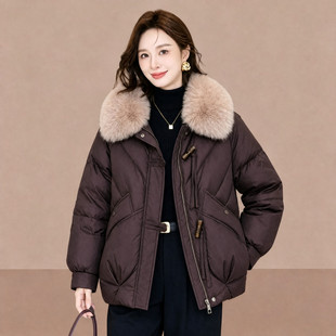 短款羽绒服女咖啡色冬季新款时尚洋气高端小个子白鸭绒大毛领外套