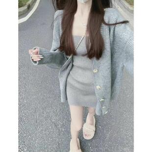 气质高级感韩版针织吊带裙女秋冬款纯欲高冷御姐风包臀连衣裙套装
