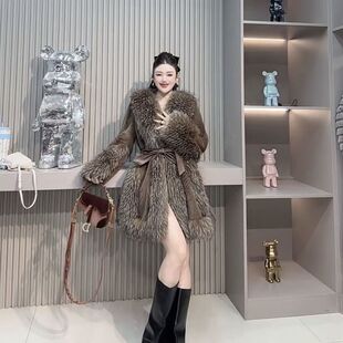 05冬季新草气时中款显瘦毛大衣外套22款皮洋尚长毛领毛加厚