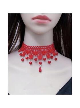 红色蕾丝项链新娘脖子饰品礼服配饰演出颈带大气吊坠锁骨链复古女