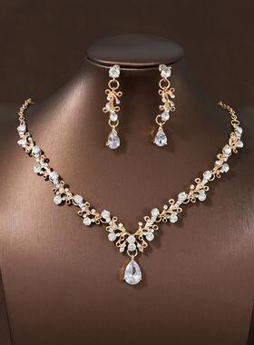 香槟超闪水钻镶嵌新娘项炼耳环套组饰品婚纱礼服配饰晚宴宴会首饰