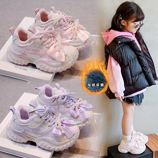 女童二棉鞋冬季新款儿童鞋加绒运动鞋蝴蝶结公主鞋加绒老爹鞋女孩