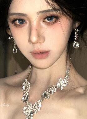 韩式新娘水晶项链耳环套装女婚庆礼服搭配首饰高级感舞会礼服配饰