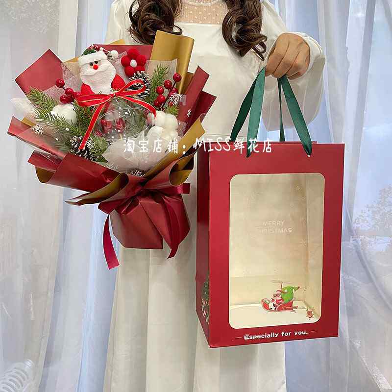 20222022圣诞节礼物平果花束仿真松柏棉花H干l花送男友闺蜜平安a.