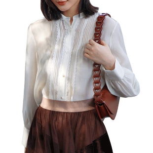 意澳女装纯色灯笼袖立领衬衫前短后长白衬衣原创设计时尚气质上衣