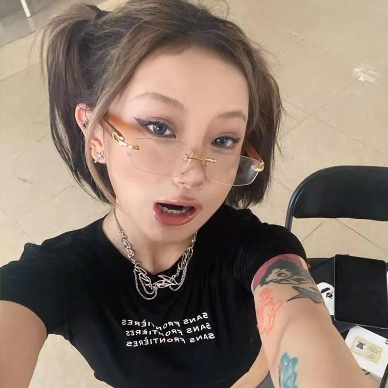 小脸无框眼镜Y2K欧美辣妹茶粉色墨镜街拍时髦防晒太阳眼镜小窄框