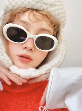 白色椭圆形太阳镜女ins复古墨镜