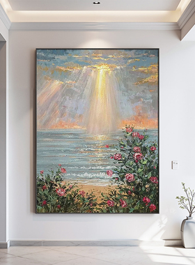海景手绘油画红色玫瑰玄关装饰画大芬村现代简约日出走廊过道挂画