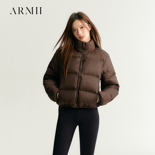 ARMII肯豆风短款羽绒服女冬季90白鸭绒立领面包服外套奶包棕色厚