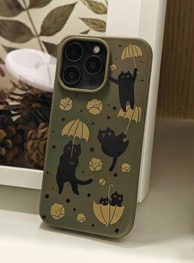 原创个性小黑猫插画适用苹果17promax新款iPhone16pro防摔软壳15plus全包14军绿色13/12p环保降解保护套