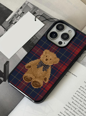 格纹小熊iPhone16promax手机壳苹果17max保护套磁吸防摔壳15pro美式高级感 复古风14/13条纹格子手机套
