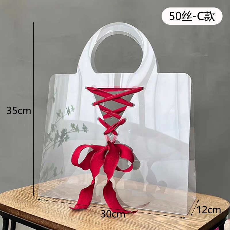 全透明PET花卉包装袋防水插花袋50丝加厚手提蝴蝶印花伴手礼品袋