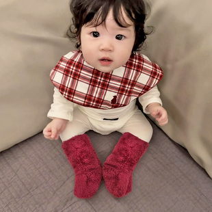 婴儿袜套红色新年护腿宝宝鞋袜地板袜羊羔绒袜防滑学步加厚冬保暖