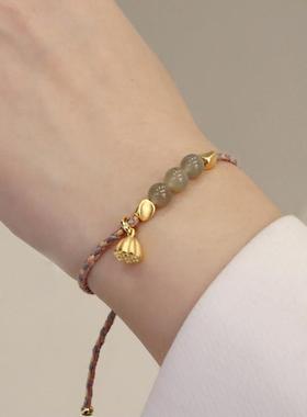 日本MUMI福气满满小桃花和田玉编绳手链平安结桃花手绳幸运珠女民