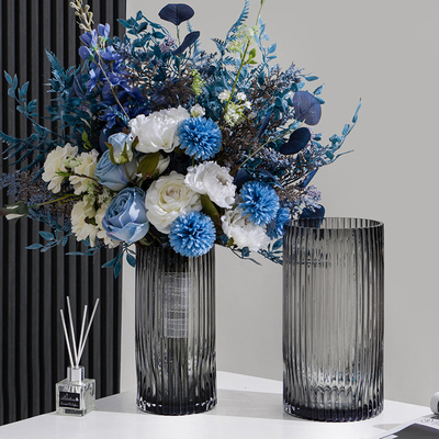 北歐大口徑玻璃花瓶透明輕奢直筒豎條紋插花水養鮮花客廳裝飾花器