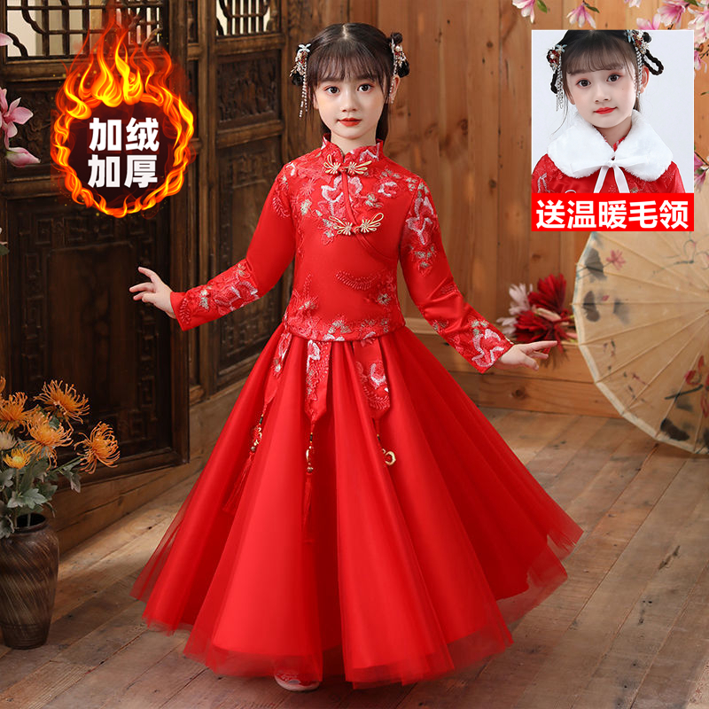 唐装棉袄超仙中国风加绒儿童旗袍中大童古装长袖裙子儿童古装秋冬