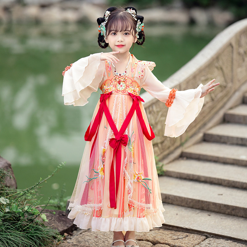 女童汉服走秀儿童新款女童连衣裙春秋款春装长袖古风古风裙子连衣