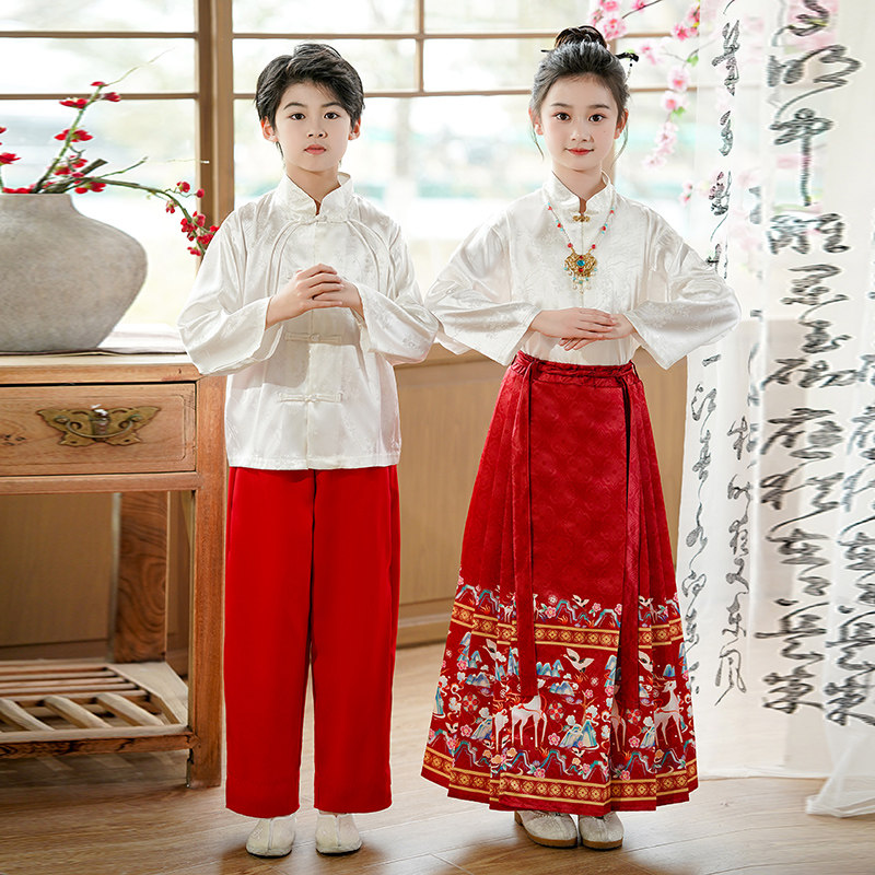 2026马面裙女童中国风春秋古装大童男童唐装儿童汉服女孩春季套装