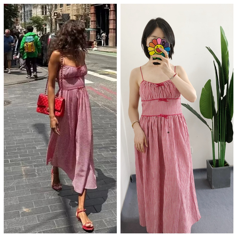 原标 买手店doen 复古蝴蝶结红白细格纹高腰显瘦连衣裙吊带裙