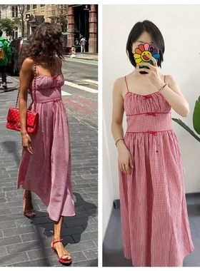 原标 买手店doen 复古蝴蝶结红白细格纹高腰显瘦连衣裙吊带裙