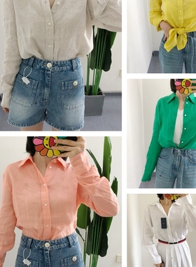 断码折 买手店经典亚麻百搭衬衫长袖女通勤白色衬衣鹅黄色outlets