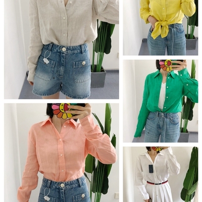 断码折扣 买手店 经典女款亚麻百搭衬衫长袖通勤白色衬衣绿色