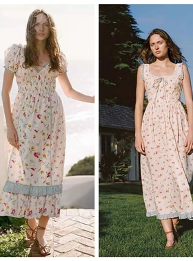 发SF 买手店christy法式田园碎花印花泡泡袖连衣裙收腰系带背心裙