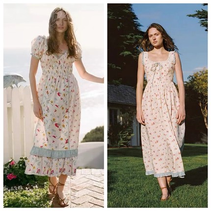 发SF 买手店christy法式田园碎花印花泡泡袖连衣裙收腰系带背心裙