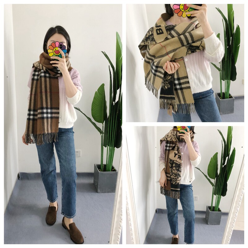 买手店 经典格纹战马双面羊绒流苏围巾披肩