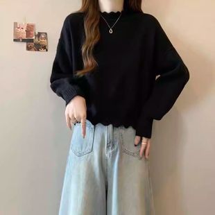 打底衫 法式 短款 毛衣女秋冬大码 软糯上衣 花边半高领正肩针织衫