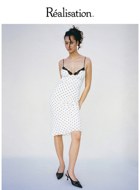 RealisationPar 连衣裙白色吊带波点复古V领真丝中长裙 The Jaime