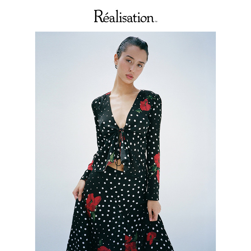 RealisationPar 黑色波点深V长袖系带真丝衬衫上衣 The Bianca - 实物图