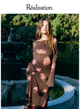 RealisationPar 连衣裙印花船龄喇叭袖真丝斜裁长袖长裙The Gia