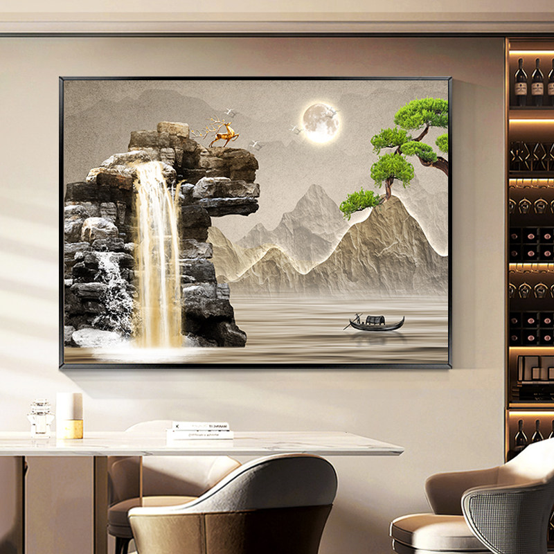 新中式山水餐厅装饰画流水生财茶室办公室背景墙壁画饭厅餐桌挂画