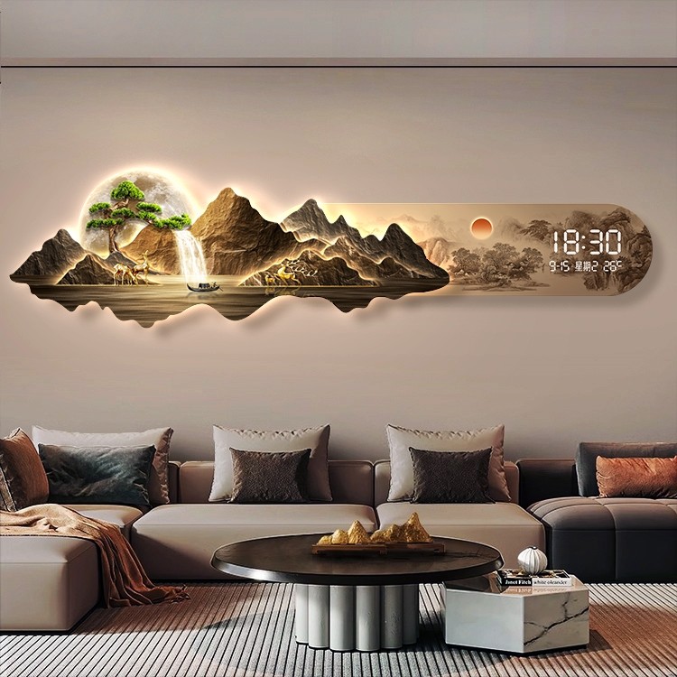 九鱼图电子钟客厅装饰画LED灯沙发背景墙壁画高档山水画气氛灯画