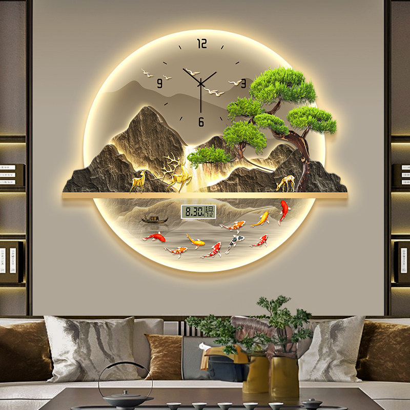 轻奢led九鱼图客厅装饰画时钟万年历餐厅背景墙钟表灯画玄关挂画