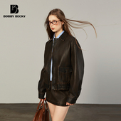 Bobbybecky废土风机车皮衣外套美式 复古夹克pu显瘦短半裙女甜酷风