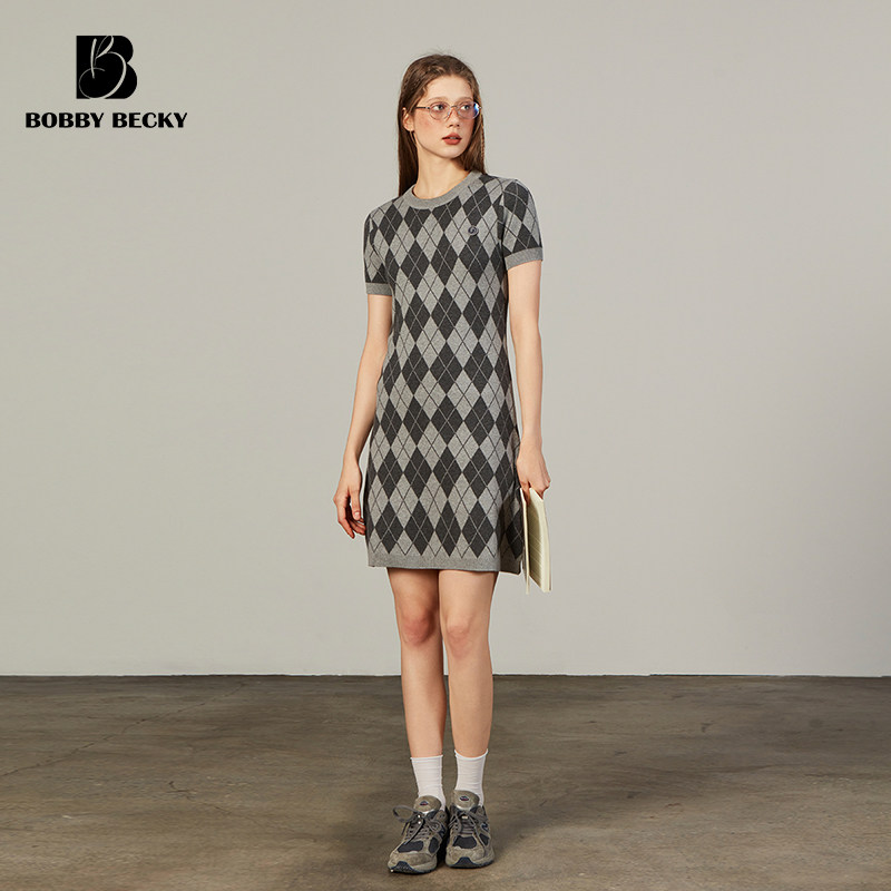 Bobbybecky丝光羊毛连衣裙菱格纹短袖针织毛衣气质圆领早秋长裙子